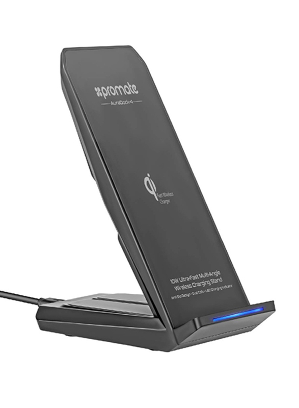 Promate Auradock-4 Qi Wireless Charger, 10W 2-In-1 Wireless Adaptive Fast Charging with Dual Coil, Multi-Angle Charging Stand, Anti-Slip Base and Over Current Protection for Mobile Phones, Black