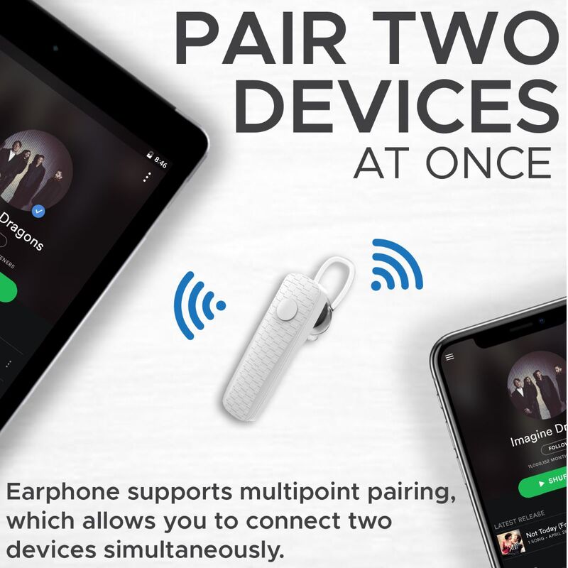 Promate Shift Wireless Bluetooth v5.0 In-Ear Music Mono Noise Cancelling Earphones, with HD Voice Clarity, Ear-Lock Design and Built-in Mic, White