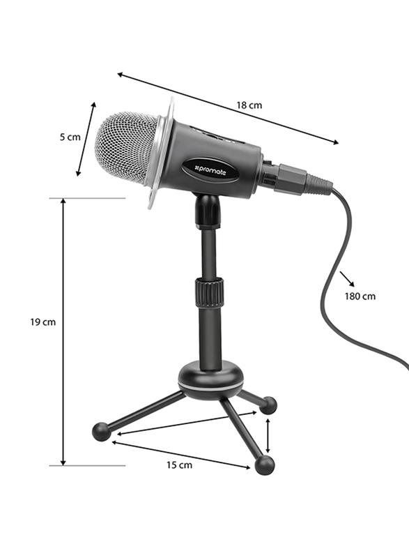 Promate Tweeter-8 Desktop Microphone for PC/Laptop/Skype/Vocal Recording, 3.5mm Professional Condenser Recording Podcast Microphone with Built-In Volume Control and Tripod Stand, Black