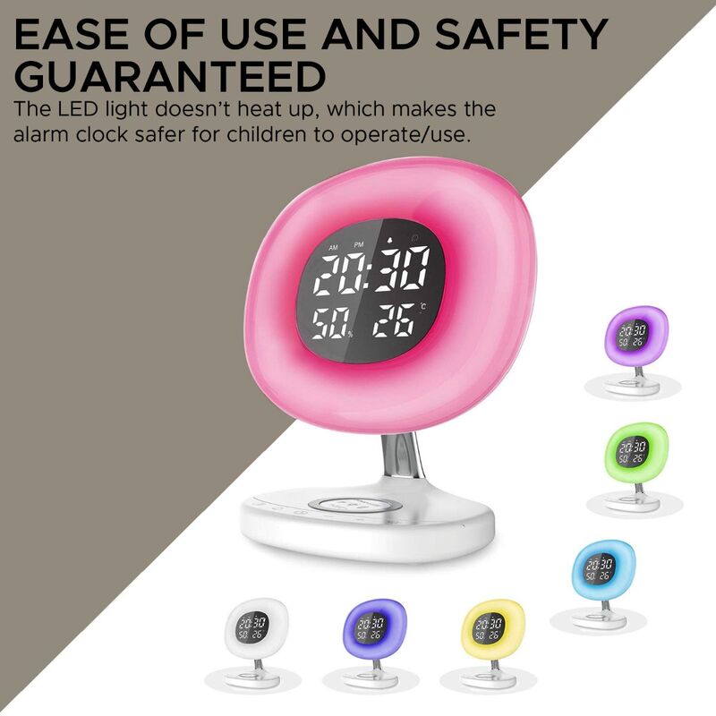 Promate AuraRise Wireless Charging Alarm Clock, Soothing Touch Control 6 Color LED Night Light, Wake-Up Digital Alarm Clock, 10W Fast Qi Wireless Charging for Home, Qi-Enabled Smartphones, White