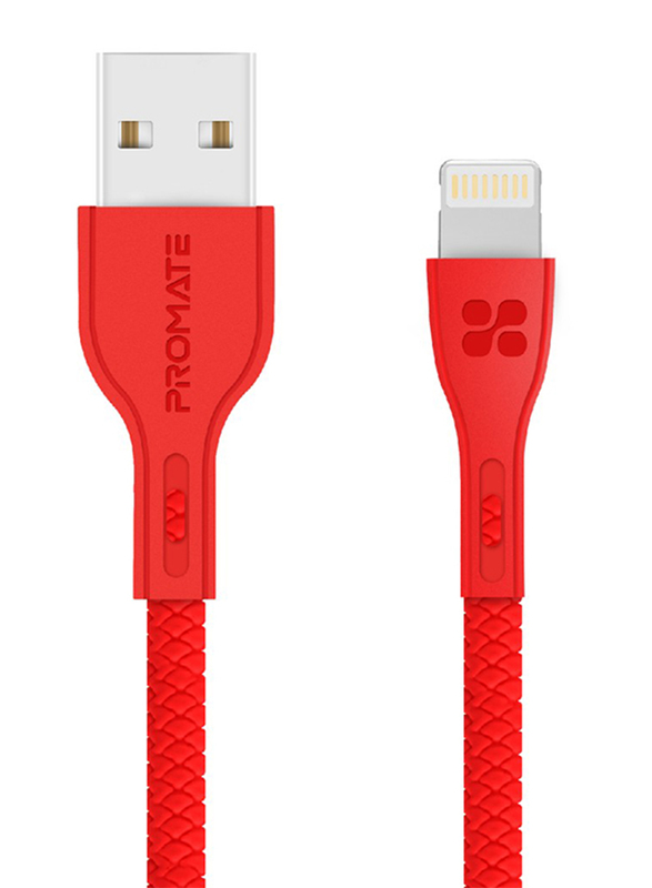 Promate 1.2-Meter PowerBeam-I Lightning Cable, Ultra-Strong 2A USB A to Lightning, Ultra-Fast Sync/Charge, Tangle-Free, Over-Charging Protection for Apple iPhone XS/XS Max/XR/iPad/iPod, Red