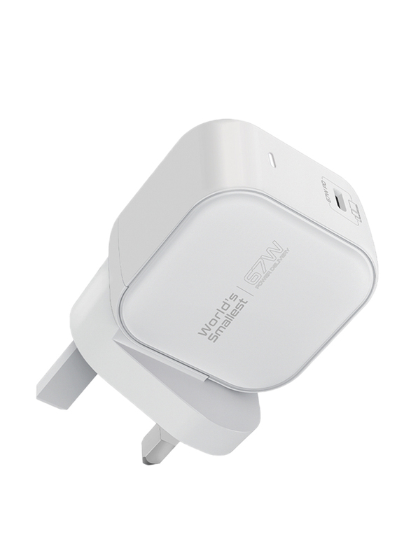 Promate USB Type-C GaN UK Wall Charger with 67W Power Delivery USB-C 3.0 Port, GANCUBE-67.UK-BK, White
