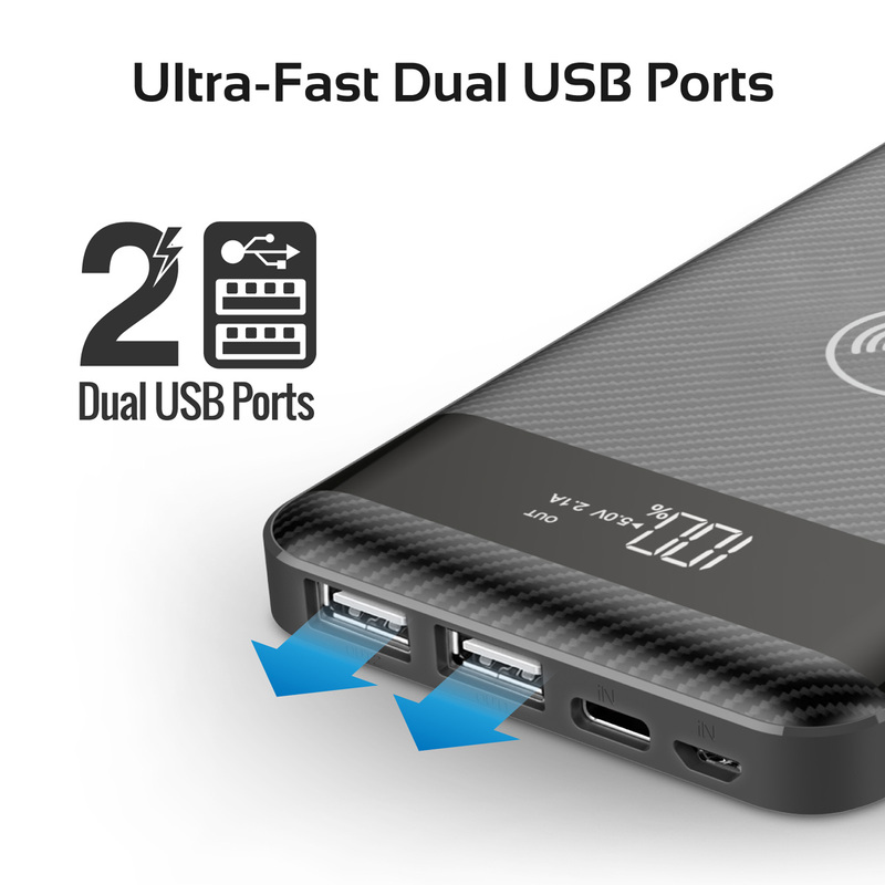 Promate 10000mAh AuraPack-10 Wireless Power Bank, Qi Wireless Charger with Lightning and Micro-USB Input, LED Display, Dual USB Output, 2-way Type-C Charging Port for USB Enables Devices, Black