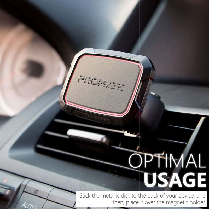 Promate AirGrip Magnetic AC Vent Car Phone Mount, Universal with Built-In 6 Strong Magnets, Anti Slip Surface and 360 Rotation Air Vent, Maroon