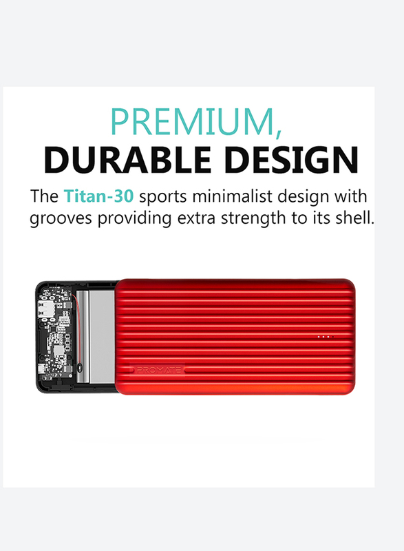 Promate 30000mAh Titan-30 USB-C Two Way 18W Portable Charger Power Bank, Qualcomm Quick 3.0 Port and Fat 2.4A USB Port, Red