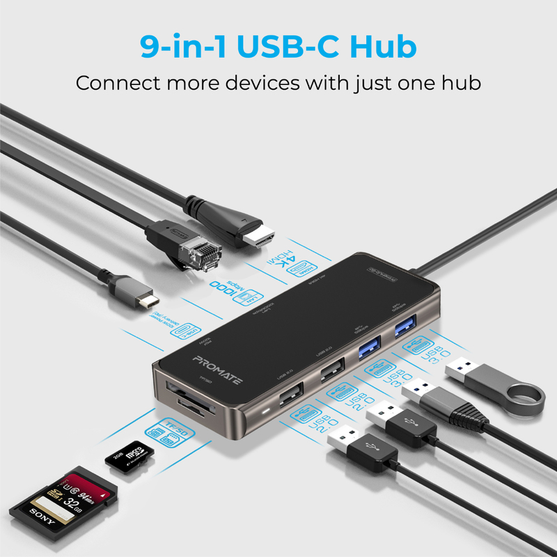 Promate PrimeHub-Go 9-in-1 USB Type-C Hub for MacBook Pro/MacBook Air/XPS/Chrome Book, Black