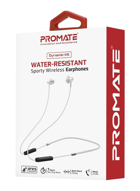 Promate Dynamic-X5 Bluetooth In-Ear Noise Isolation Neckband Sporty Earphones with Built-in Mic, IPX5 Water Resistant, Silver