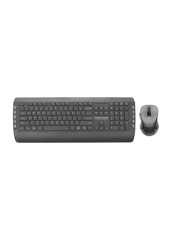 Promate ProCombo-10 Ergonomic 2.4Ghz Wireless English Keyboard and Mouse Combo with Palm Rest, Silent Keys, 1600Dpi Precision Tracking Mouse, Nano USB Receiver and Auto-Sleep Function, Black