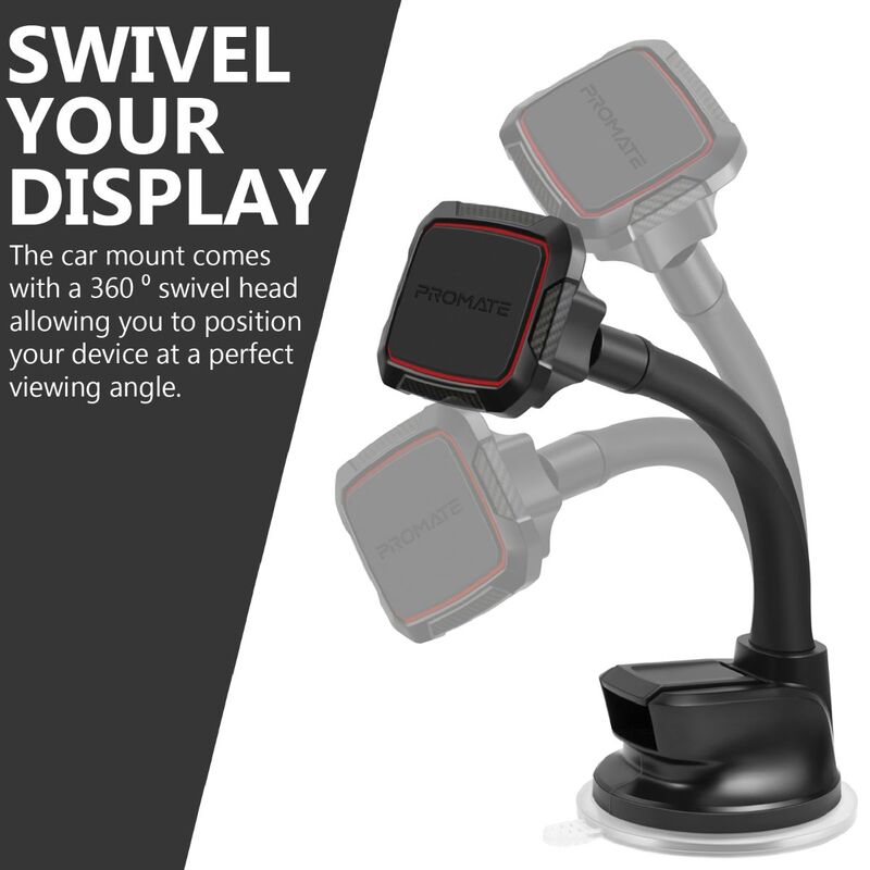 Promate MagMount Magnetic Car Mount Holder, Universal 360 Rotation Windshield or Dashboard Suction Cup Phone holder with 6 Strong Magnetic, Flexible Gooseneck and Anti-Slip Grip, Maroon