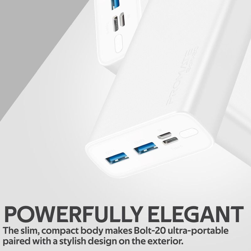 Promate 20000mAh Bolt-20 Fast Charging Portable Power Bank, with 2A Dual USB Port, Over-Charging Protection and USB-C, Micro USB Input Port, White