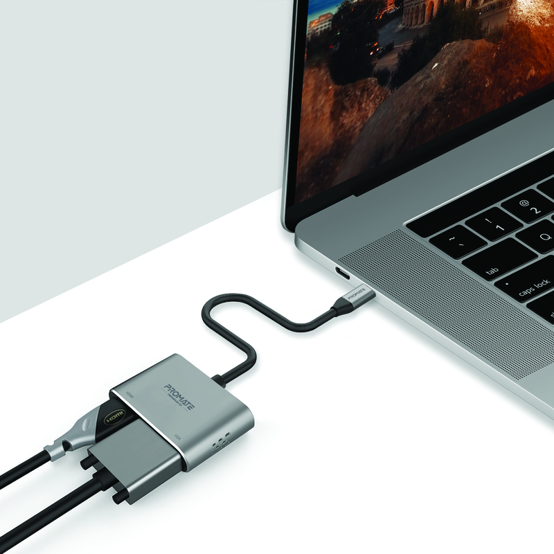 Promate USB Type-C Aluminium 4K Ultra HD Adapter Cable, USB-C Male to VGA/HDMI for Laptops and Smartphones, with 1080 VGA and Dual Screen Display Support, Grey