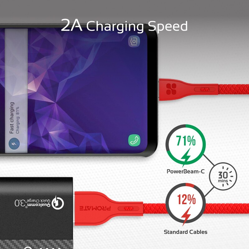 Promate 1.2-Meter PowerBeam-C USB Cable, Durable 2A Ultra-Fast USB-A Male to USB-C, High-Speed Data Transfer, Over-Charging Protection, Over-Charging Protection for Type-C Enabled Devices, Red