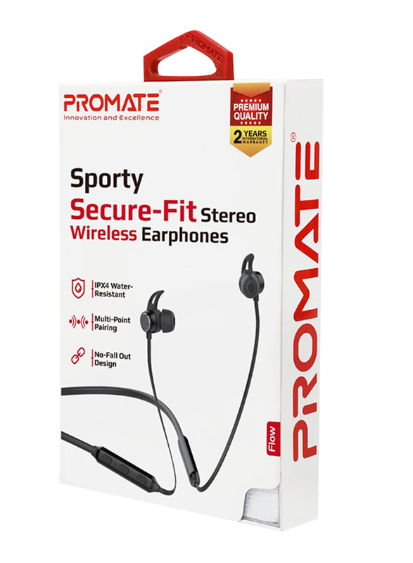 Promate Flow Wireless Bluetooth v5.0 Stereo Music Noise Cancelling Neckband Headphone with Lightweight IPX4 Water-Resistant, Built-In Mic, Multi-Point Pairing and Secure Fit Design, Black
