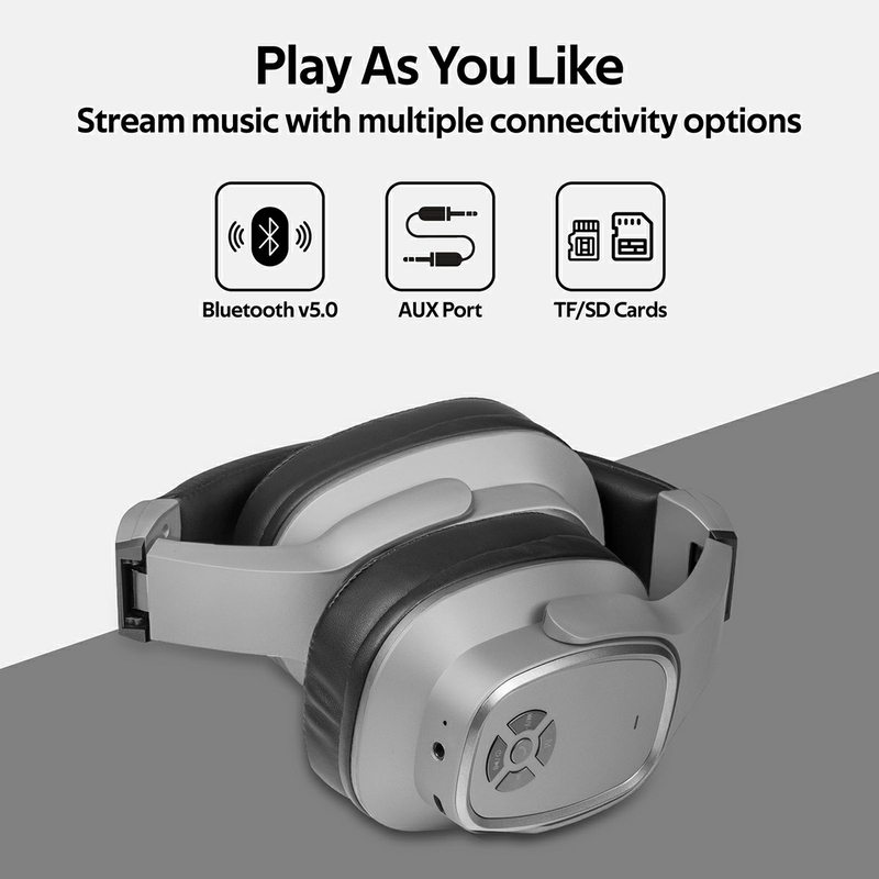 Promate Corvin Wireless 2-in-1 High Definition Over-Ear Headphones with Built-in Mic and 6W Speaker, MicroSD Card Slot, Grey
