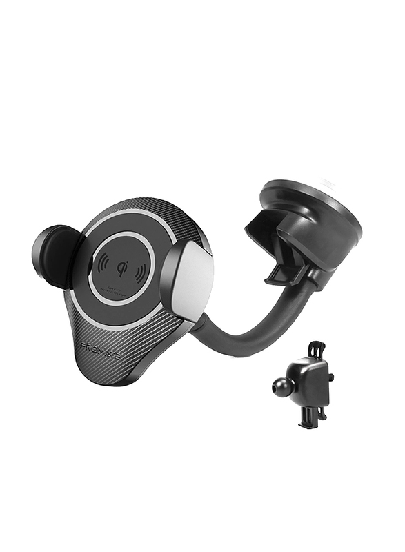 Promate AlphaMount Qi Wireless Car Charger Mount, 10W Fast Charging Car Phone Anti- Slip Holder with Dashboard Windshield Air Vent Mount and 360 Swivel Head, for Mobile Phones, Black
