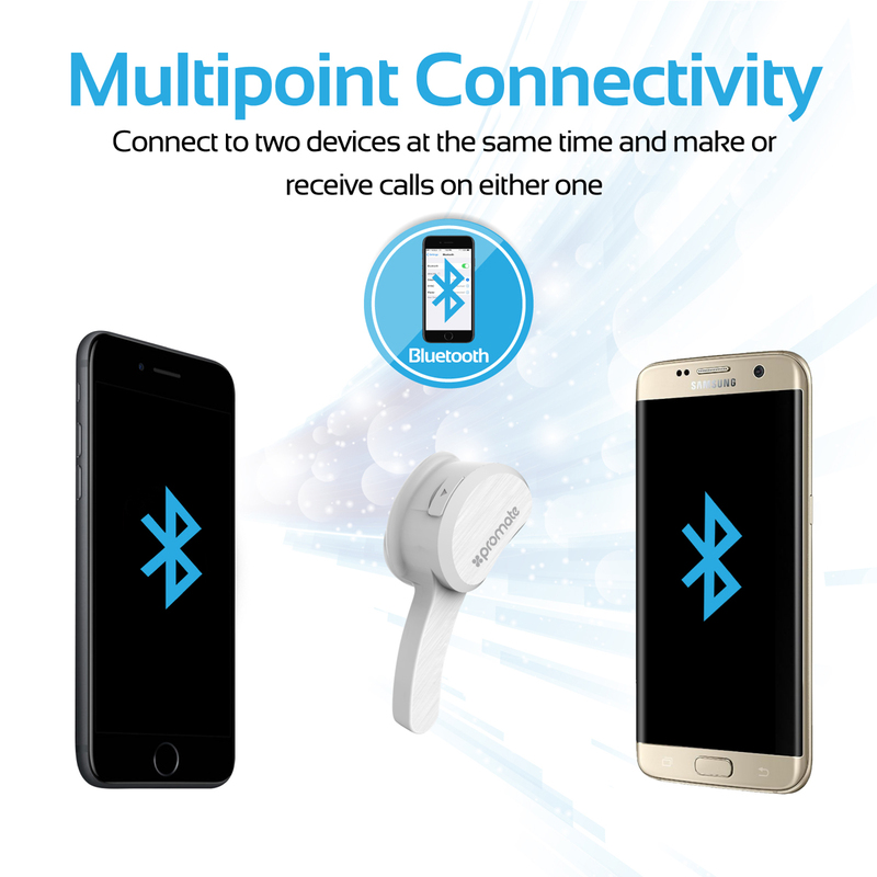 Promate Aural Bluetooth Earphone, Ultra-Light Multi-Point Pairing, Mono Bluetooth Headphone with Mic, White