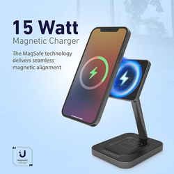 Promate 2-in-1 15W Magnetic Fast Wireless Charger with Adjustable Neck and Anti-Slip 5W Charging Pad, Grey