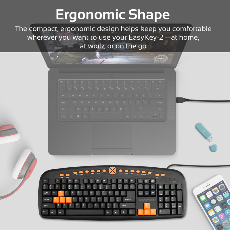 Promate EasyKey-2 Gaming Keyboard, Ergonomic Multimedia with Swappable Gaming Keys, 10 Million Keystroke Life, Quiet Keys, Black