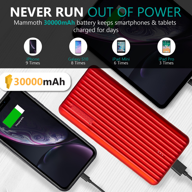 Promate 30000mAh Titan-30 USB-C Two Way 18W Portable Charger Power Bank, Qualcomm Quick 3.0 Port and Fat 2.4A USB Port, Red