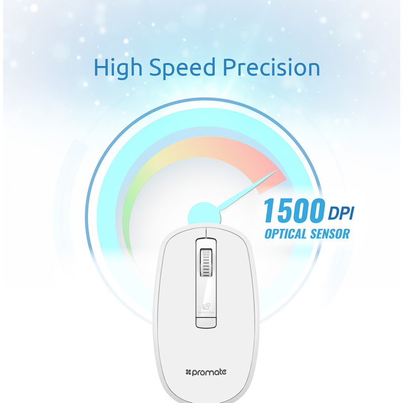 Promate CLIX-3 2.4 Ghz USB Wireless Ergonomic Mouse, Precision Scrolling for Windows Mac, White