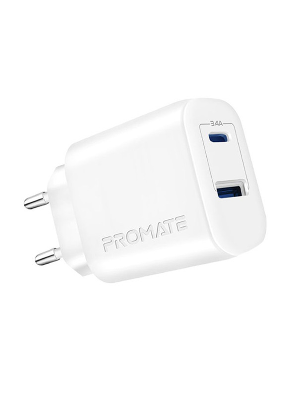 Promate USB-C EU Wall Adapter, Universal 17W Multi-Port Charger with 5V/3A Type-CPort, 5V/2.4A USB-A Port, BiPlug-2 EU, White