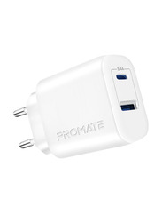 Promate USB-C EU Wall Adapter, Universal 17W Multi-Port Charger with 5V/3A Type-CPort, 5V/2.4A USB-A Port, BiPlug-2 EU, White