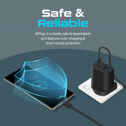 Promate USB-C UK Wall Adapter, Universal 17W Multi-Port Charger with 5V/3A Type-CPort, 5V/2.4A USB-A Port, BiPlug-2 UK, Black