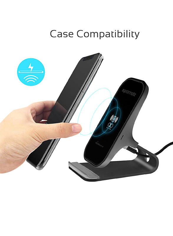 Promate AuraDock-6 Qi Wireless Charging, Fast 15W Wireless Charging Pad Stand with Dual Charging Coil, QC 3.0 Wall Charger, USB-C Sync Charge Cable and Multiple Charging Area, for Mobile Phones Black