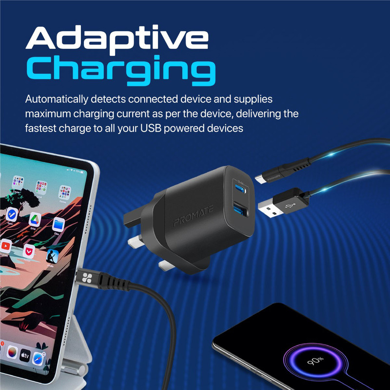Promate USB-C UK Wall Adapter, Universal 17W Multi-Port Charger with 5V/3A Type-CPort, 5V/2.4A USB-A Port, BiPlug-2 UK, Black