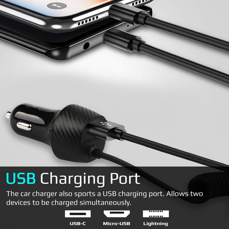 Promate VolTrip-UNI USB Car Charger with Cord, 3.4A Quick Charger Adapter with Built-In 3-in-1 Splitter USB-C, Micro-USB Charging Cable and 2.4A USB Port, for GPS, Mobile Phones and Tablets, Black