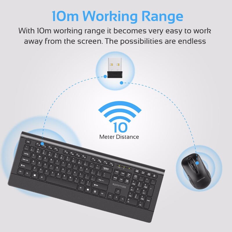 Promate ProCombo-4 Wireless Keyboard and Mouse, Ergonomic Ultra-Slim 2.4GHz Cordless Keyboard and 5 Button DPI Mouse with Wrist Rest Panel and Auto-Sleep Function, Black