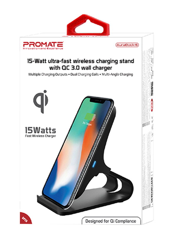 Promate AuraDock-6 Qi Wireless Charging, Fast 15W Wireless Charging Pad Stand with Dual Charging Coil, QC 3.0 Wall Charger, USB-C Sync Charge Cable and Multiple Charging Area, for Mobile Phones Black
