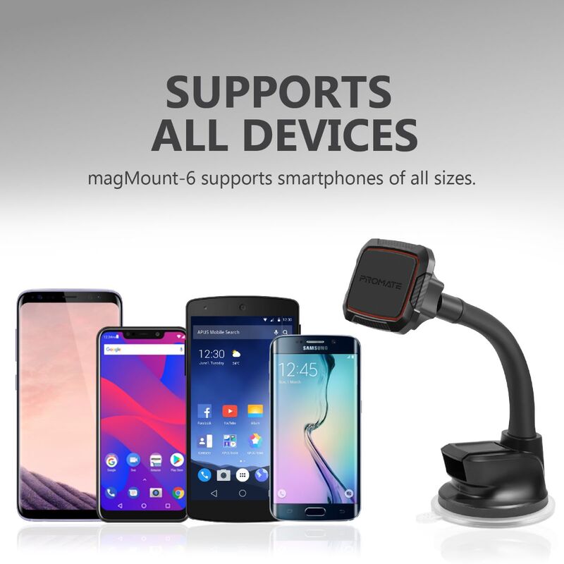 Promate MagMount Magnetic Car Mount Holder, Universal 360 Rotation Windshield or Dashboard Suction Cup Phone holder with 6 Strong Magnetic, Flexible Gooseneck and Anti-Slip Grip, Maroon