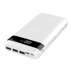 Promate 20000mAh AuraTank-20 USB-C Qi Powerbank, 10W Fast Wireless Charger, 18W 2-Way Type-C Power Delivery, QC 3.0 Three USB Port, LED Display&Lightning, Micro USB Input for Qi & USB Devices, White