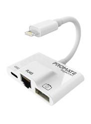 Promate GigaLink-I Lightning Hub, 3 in 1 RJ45 Ethernet LAN Wired Network Adapter, USB OTG Camera Adapter Kit, 2A Pass-Through Charging, Syncing Adapter for Apple iPhone XS Plus/iPad/iPad Pro, White