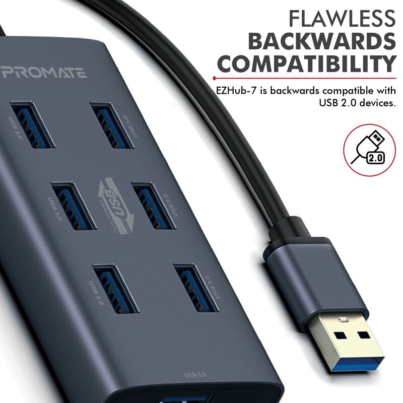 Promate EZHub-7 Port USB 3.0 Hub for MacBook/iMac/Laptop/USB Flash Drive/HDD Hard Drive, Portable Aluminium Alloy Port USB 3.0 Powered Hub with 5Gbps Data Transfer and USB-C Power Adapter, Black
