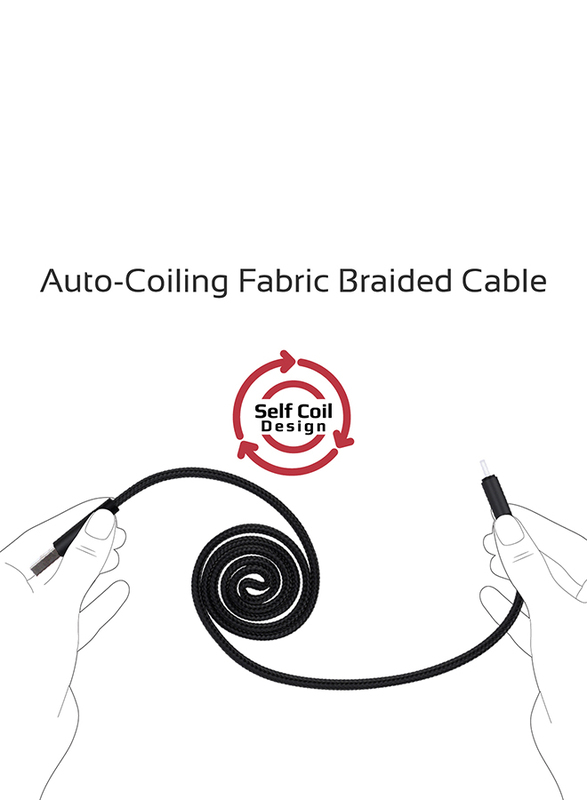 Promate 1.2-Meter Coiline-C Auto-Coiling USB-C Cable, 2A Fast Charge/Sync USB-A to Type-C Cable, with Premium Fabric Braided Aluminium Alloy Reversible Cord for All Type-C Smartphones/Tablet, Black