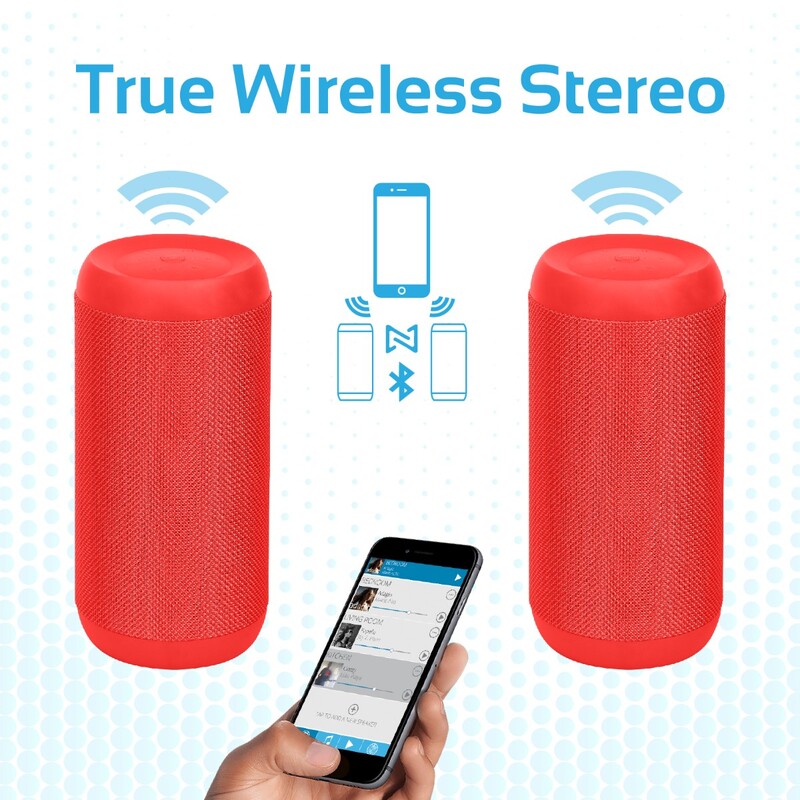 Promate Silox True Wireless Stereo Speaker, Portable Bluetooth 20W with IPX6 Water Resistant, FM Radio, Micro SD Card Slot, USB Port, Audio Jack and Built-In Mic, Red