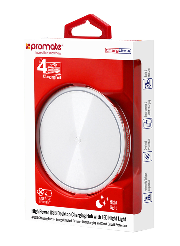 Promate ChargLite-4.EU Charging Station, 4.4A 4 USB Ports Desktop Charging Hub with LED Night Light, and Overcharging and Short Circuit Protection, for Mobile Phones and Tablets, White