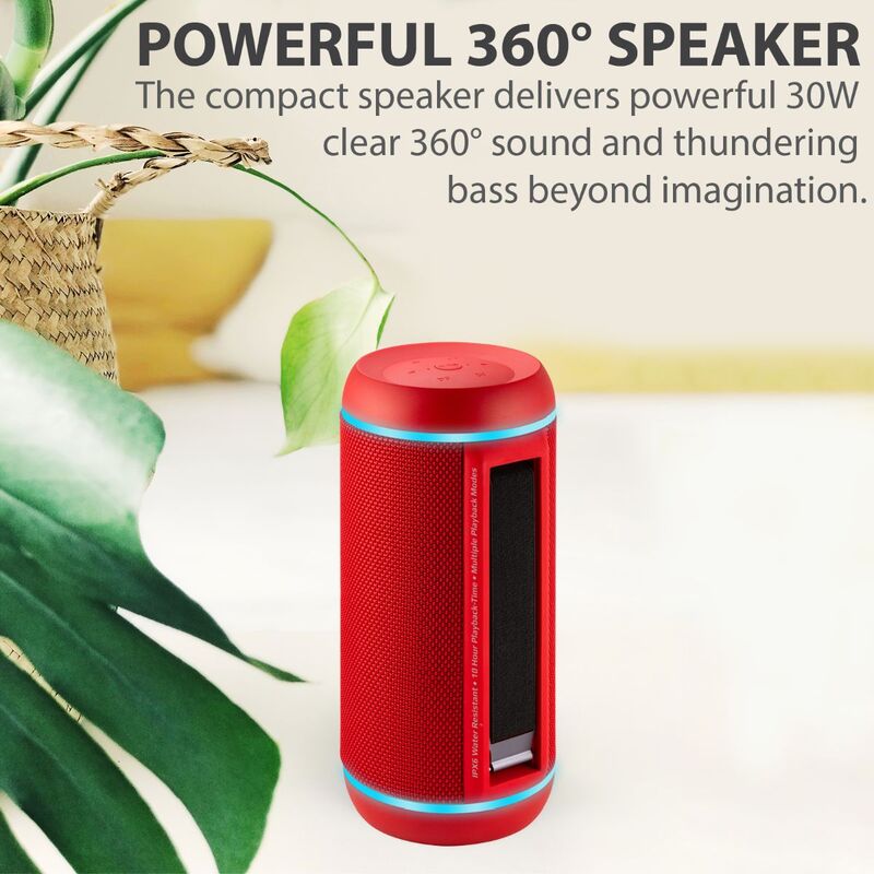 Promate Silox-Pro Portable Indoor/Outdoor 30W Wireless Bluetooth Stereo Speaker, IPX6 Water-Resistant with Mic, FM Radio, TF Card Slot, USB Port, Audio Jack & Built-In 6600mAh Power Bank, Red