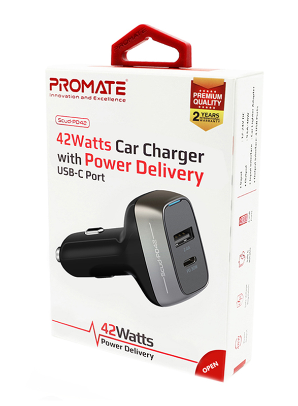 Promate Scud-PD42 Type-C Power Delivery Car Charger, 42W Fast Charging Cigarette Lighter Outlet Adapter with 5V/2.4A USB Port and Over-Charging Protection, for Laptops, Mobile Phones, iPad Pro, Black