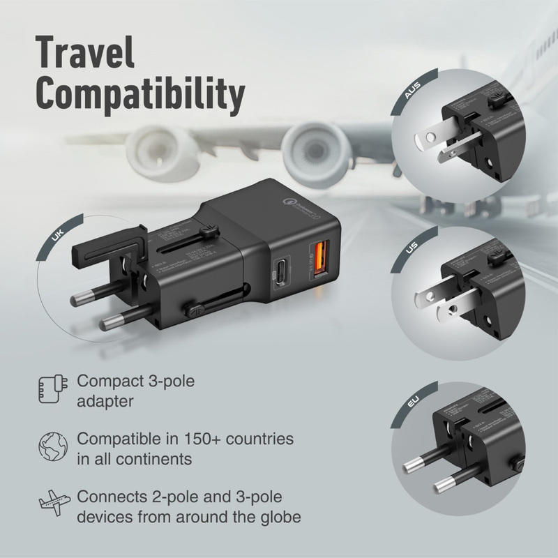 Promate International Travel Adapter US, EU, UK, AUS Wall Charger with 20W Type-C PD Port, QC 3.0 USB Port, TriPlug-PD20, Black