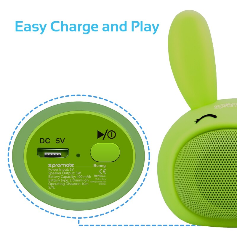 Promate Bunny Kids Bluetooth Speaker, Portable Wireless V4.1 Speaker with HD Sound Quality, Hands-Free Call Function and Cute Bunny Design, Green