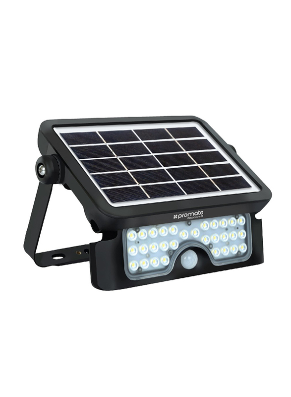 Promate Beacon-3 LED Solar Light, Wireless IP65 Water-Resistant Solar Spotlight Auto On/Off Wall Light, Dual Light Mode, 500 Lumen LED Light and PIR Motion Sensor for Patio/Deck/Yard/Garden, Black