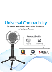 Promate Tweeter-8 Desktop Microphone for PC/Laptop/Skype/Vocal Recording, 3.5mm Professional Condenser Recording Podcast Microphone with Built-In Volume Control and Tripod Stand, Black