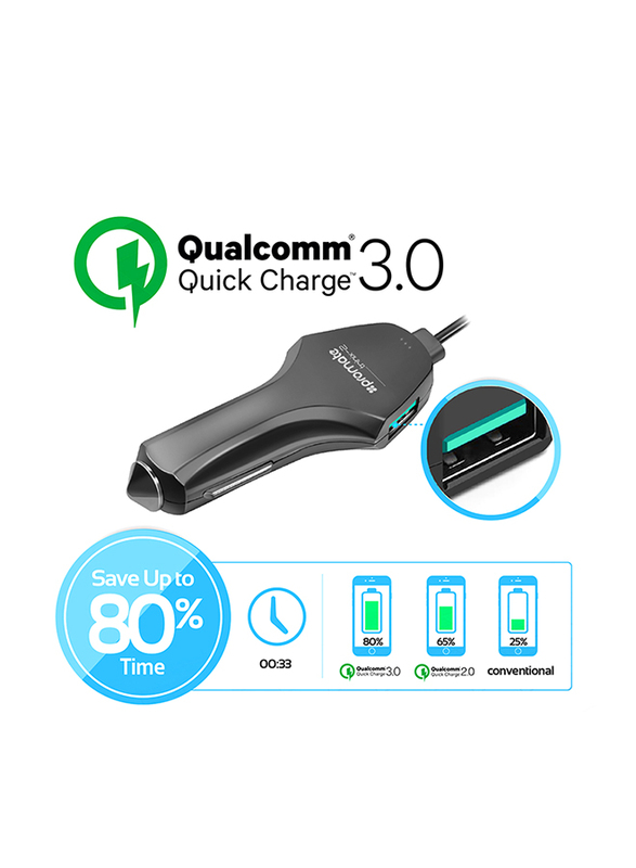 Promate Trinix-2 USB Type-C Car Charger, Dual USB Car Charger with Quick Charge 3.0 Built-in USB-C Cable, for Mobile Phones, Black