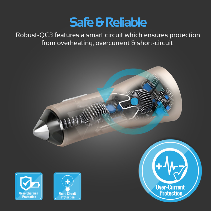 Promate Robust-QC3 Car Charger, Heavy-Duty Qualcomm Quick Charger 3.0 Dual USB Port Car Charger with Short Circuit and Over Charging Protection for GPS, iPod, Mobile Phones and Tablets, Gold