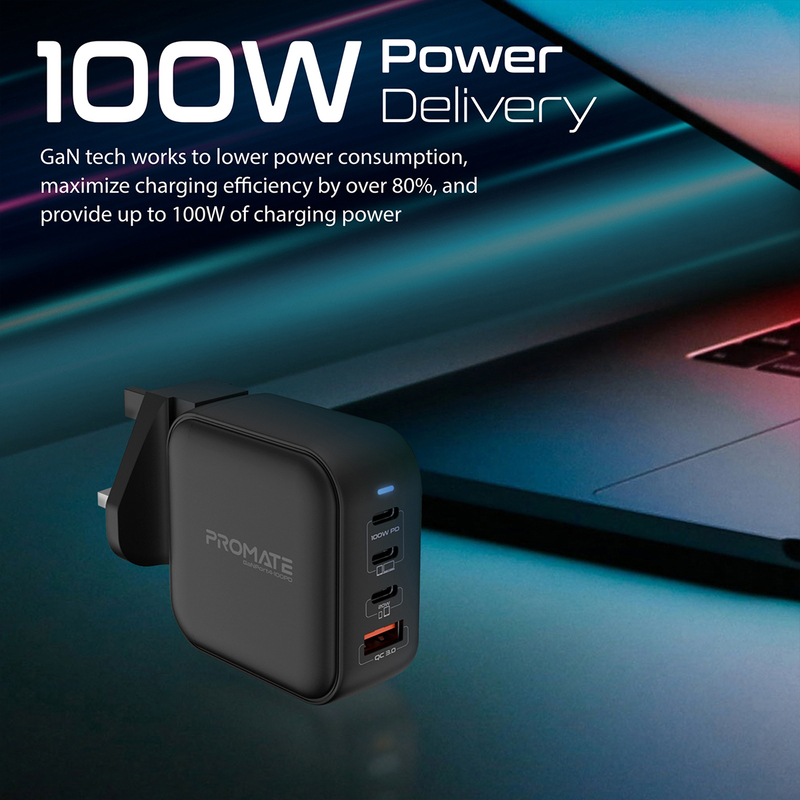 Promate GaN UK + EU Plug Wall Charger, with Dual USB Type-C Adapter, GaNPort4-100PD, Black