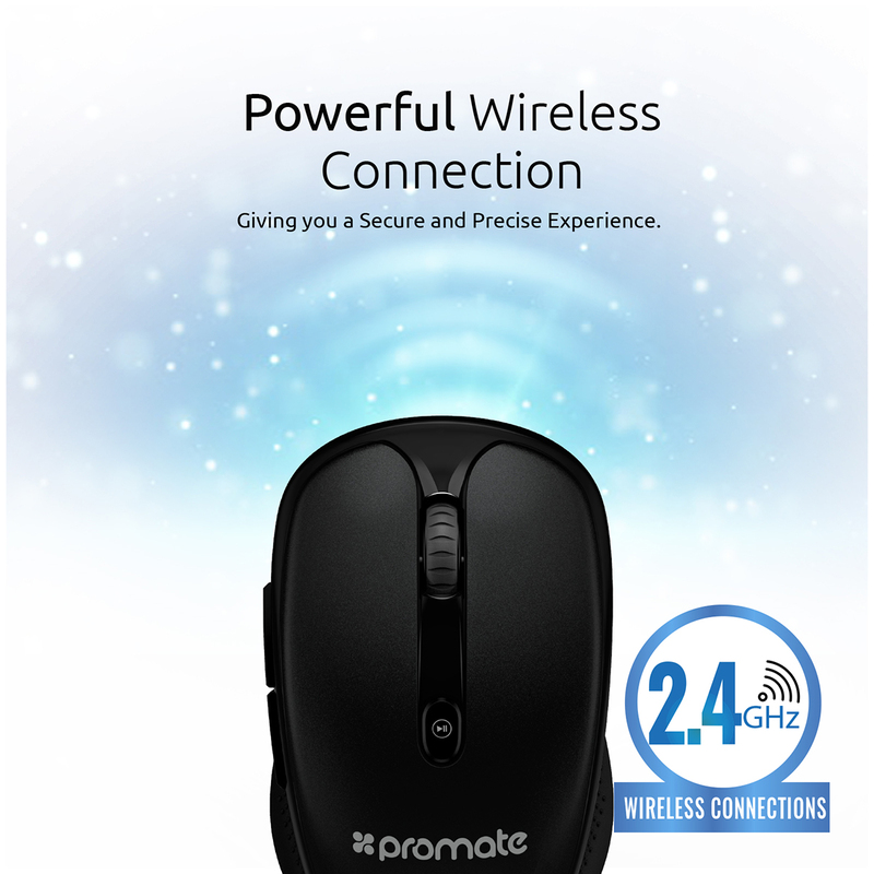 Promate CLIX-4 2.4Ghz Multimedia Wireless Optical Mouse, USB Adapter for Windows, Mac, Black