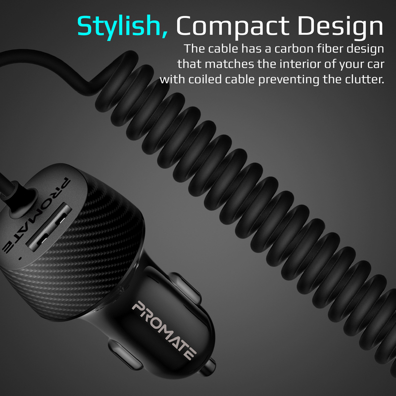 Promate VolTrip-UNI USB Car Charger with Cord, 3.4A Quick Charger Adapter with Built-In 3-in-1 Splitter USB-C, Micro-USB Charging Cable and 2.4A USB Port, for GPS, Mobile Phones and Tablets, Black